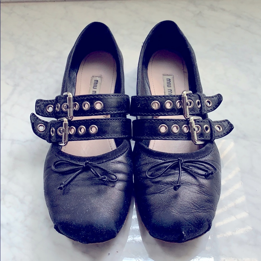 MIU MIU Black Leather Double Buckle Ballerina Flat
